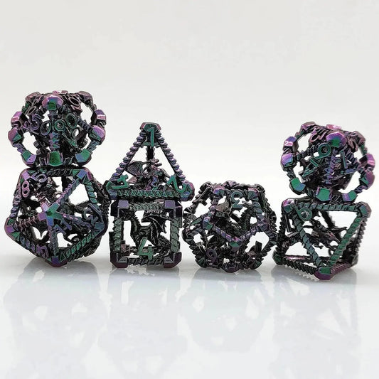 3D Metal Pterosaur Hollow Polyhedron DND Dice Set + Gradient Purple Blue
