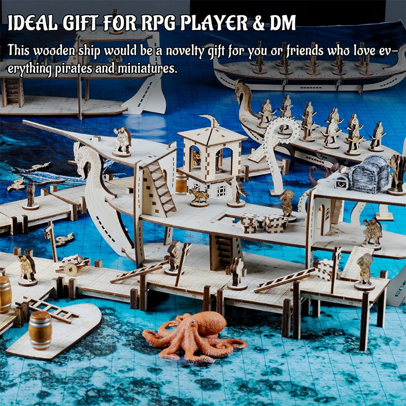 3D RPG Miniatures Ship Wood Laser Cut, 3-Level with 1" Grid Battle Terrain Map Perfect for D&D, Pathfinderor Other Tabletop Game