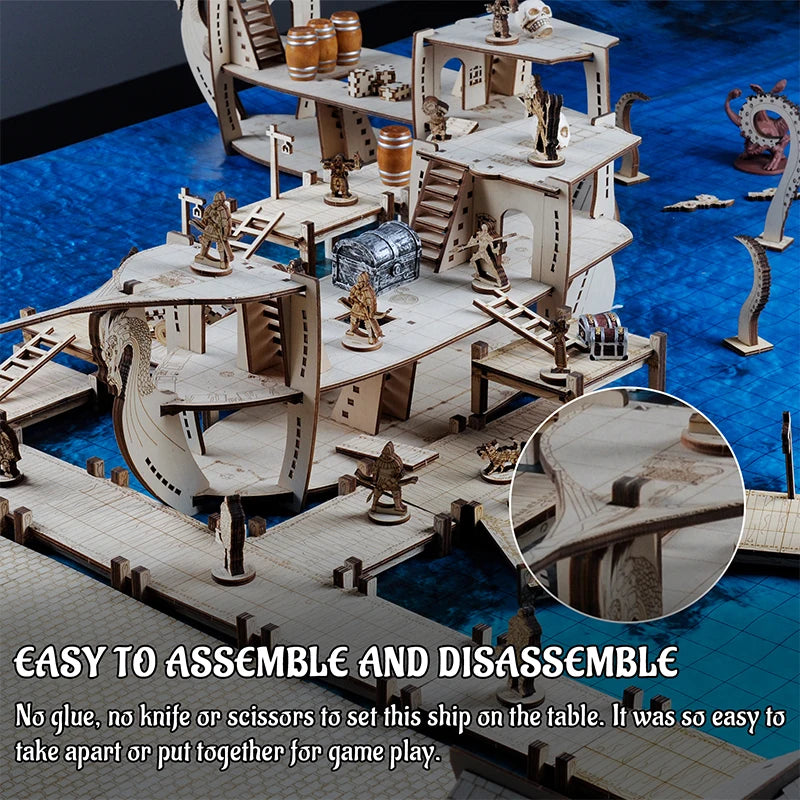 3D RPG Miniatures Ship Wood Laser Cut, 3-Level with 1" Grid Battle Terrain Map Perfect for D&D, Pathfinderor Other Tabletop Game