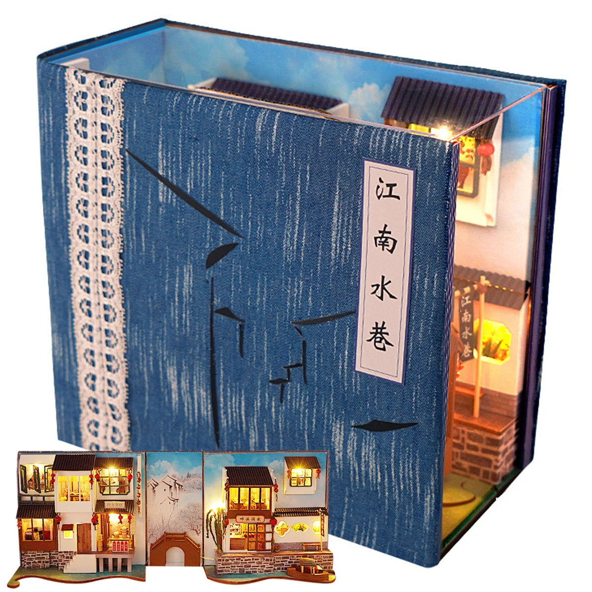 3D Wooden Puzzle DIY Book Nook Kit Bookend Shelf Insert Alley Miniature Dollhouse Model Building Set Craft for Home Decoration