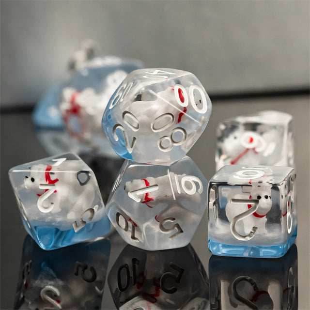 Polar Bear on Blue 7-Dice Set w/White Numbers Dnd Dice Set - 