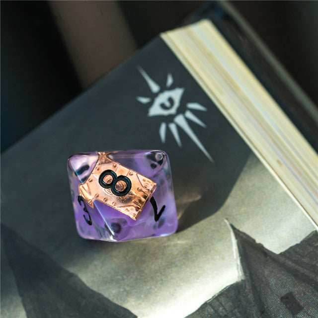 Warlock (Magic Book) Clear Purple Dice w/ Golden Book 7-Dice Set Rpg - 