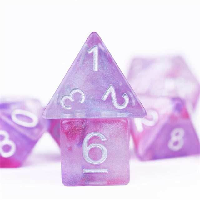 Resin Galaxy Purple 7-Dice Dnd Dice | Glitter w/Silver Numbers Set - 