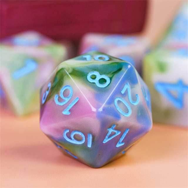 Earthly 4-Color 7-Dice Dnd Dice | Green White Green w/Blue Numbers Set - 