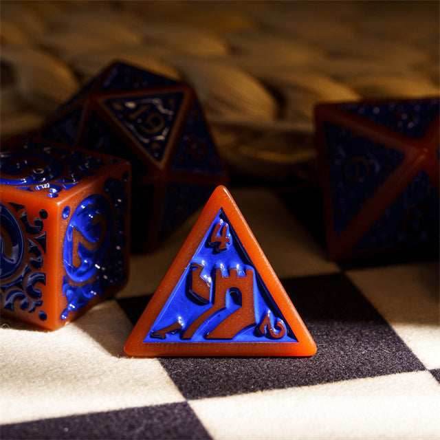 Burnt Orange with Blue Irregular Pattern Fill: 7-Piece Acrylic Dice Set - 