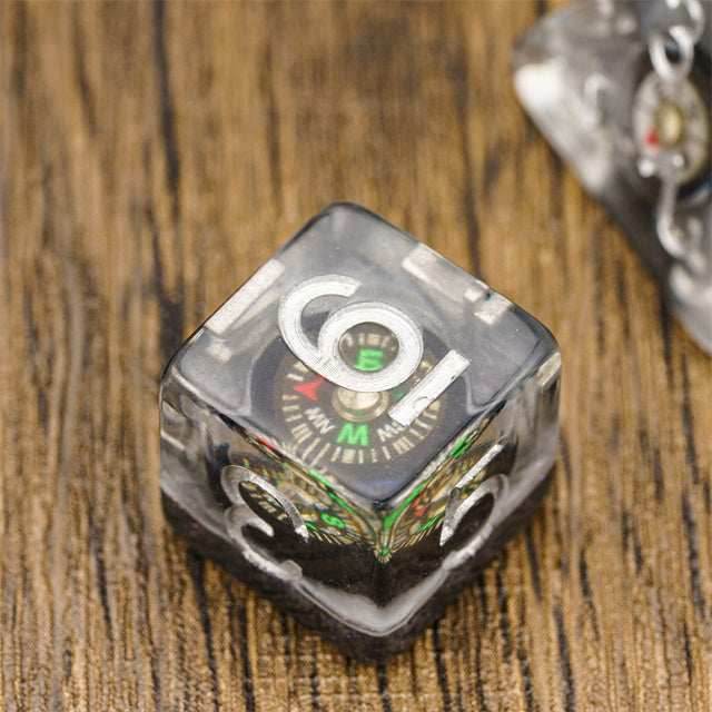 Compass Dice 7-Dice Set Clear w/ Moving Compass Inside Glitter Base Dnd - 