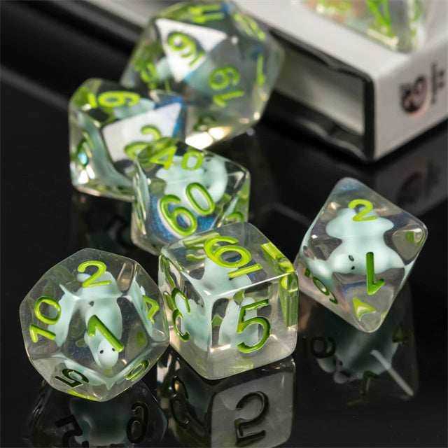 Dinosaur on Glitter 7-Dice Set w/Green Numbers Dnd Dice Set - 