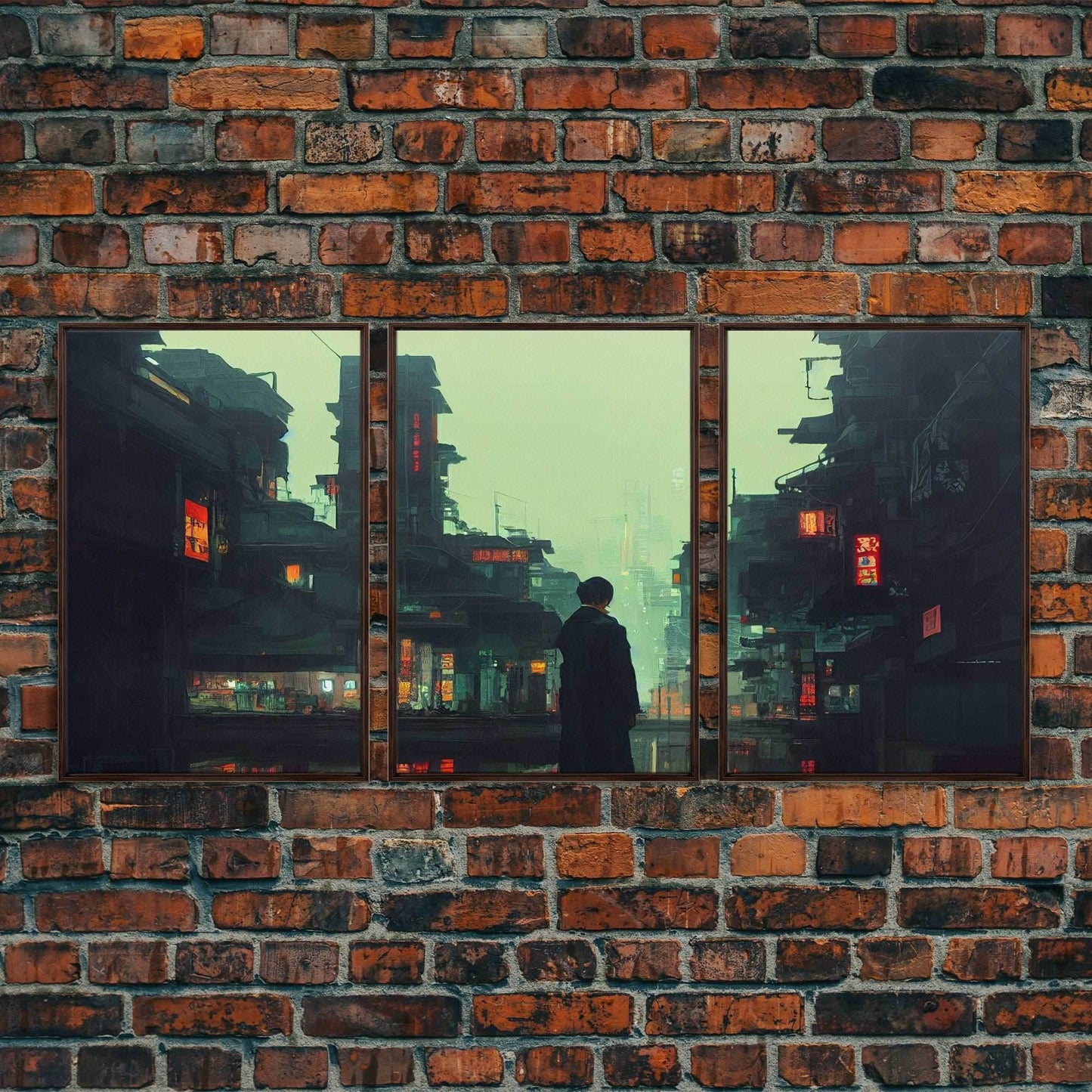 80s Style Cyberpunk Tokyo, Retrofuturism, Dystopian art, 3 piece wall art, 3 piece canvas print - 8x12 In. - 3 Pieces / Walnut Frame