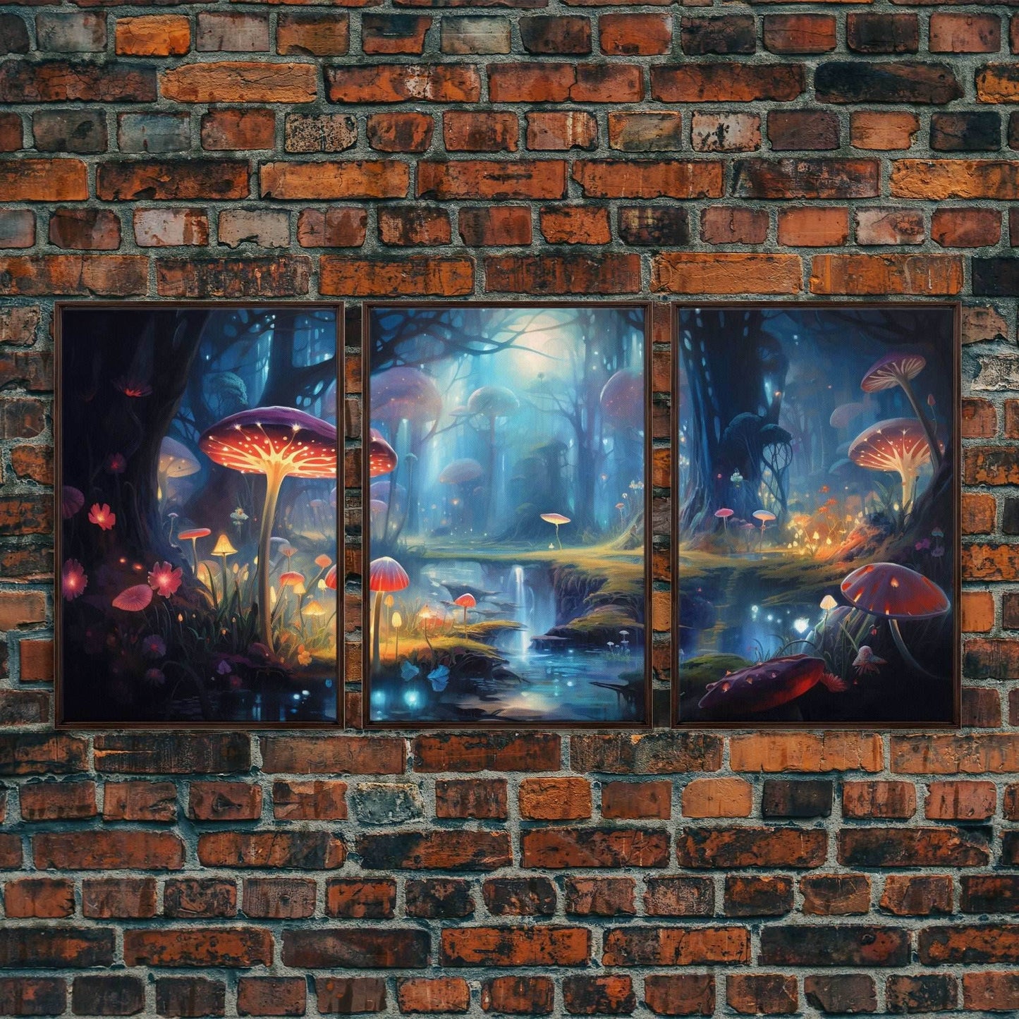 Magical dark forest art print on canvas, fantasy forest, oil style painting, large landscape wall art for home, ready to hang, 3 Piece Art - 8x12 In. - 3 Pieces / Walnut Frame