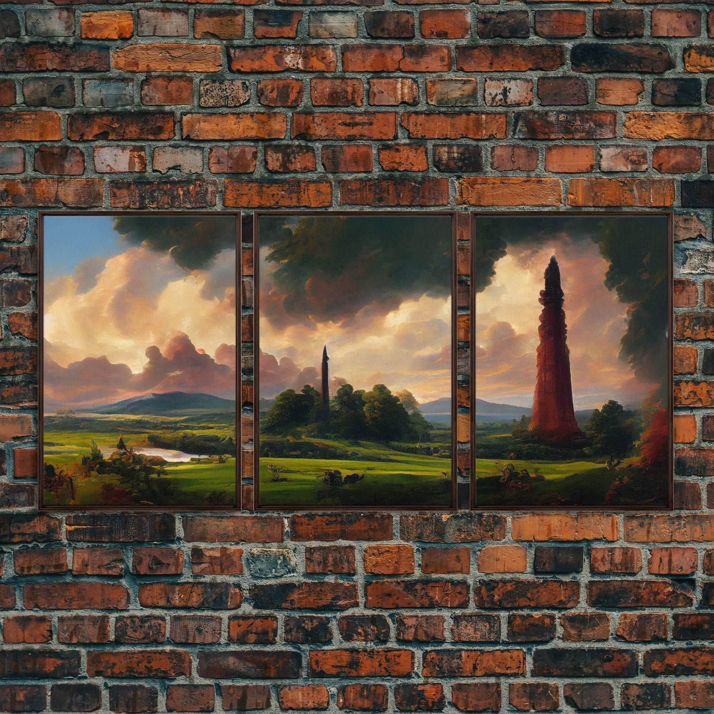 The Dark Tower, 3 Piece Panoramic Art, High Fantasy Concept Art, 3 Piece Wall Art, Ready To Hang Canvas Print - 8x12 In. - 3 Pieces / Walnut Frame