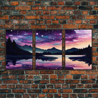 Fantasy Starry Night Magical Forest Landscape, 3 Piece Wall Art, Ready To Hang Canvas Print, Cool Unique Living Room Wall Art Decor - 8x12 In. - 3 Pieces / Walnut Frame