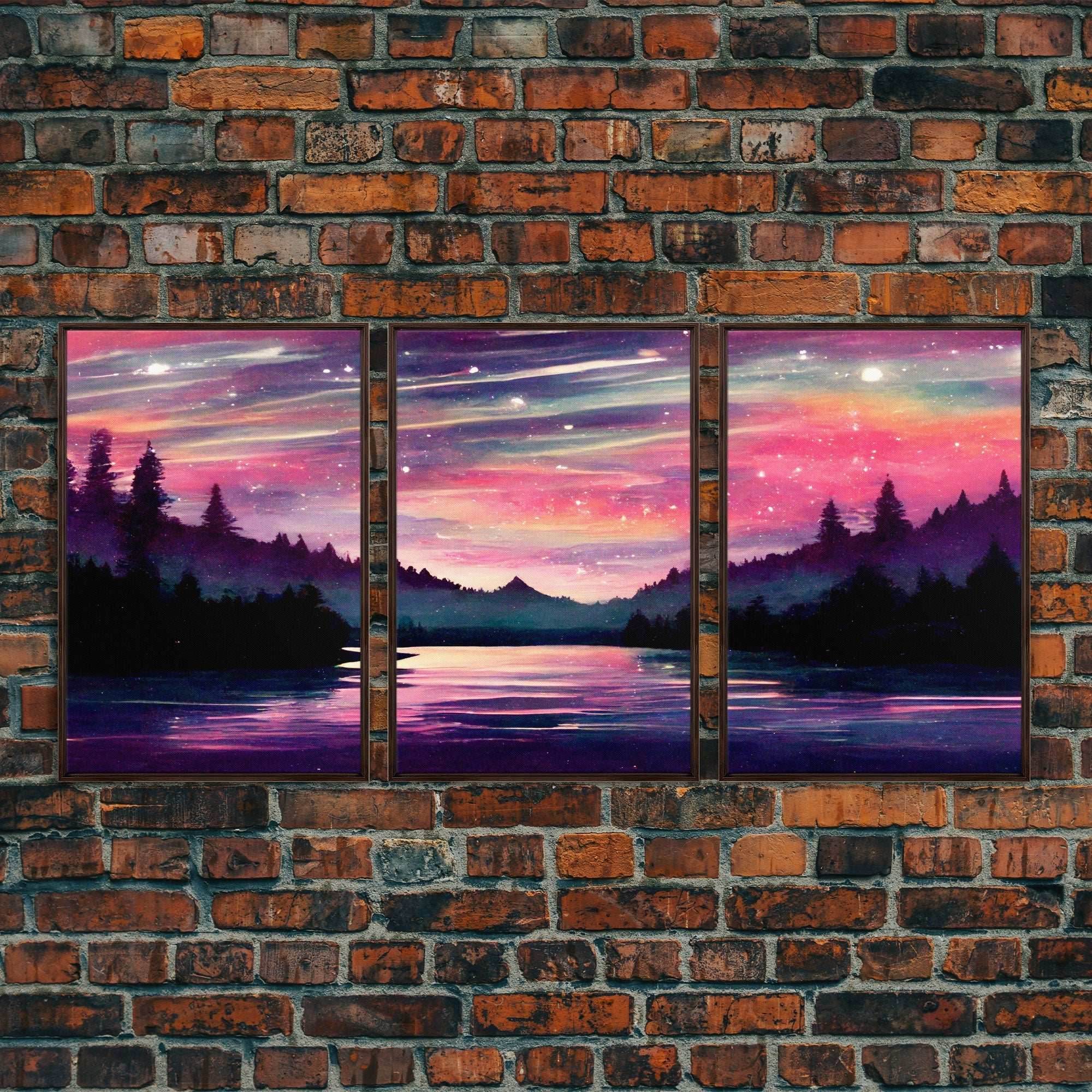 Starry Night Magical Forest Fantasy Landscape, 3 Piece Wall Art, Ready To Hang Canvas Print, Cool Living Room Wall Art Decor - 8x12 In. - 3 Pieces / Walnut Frame