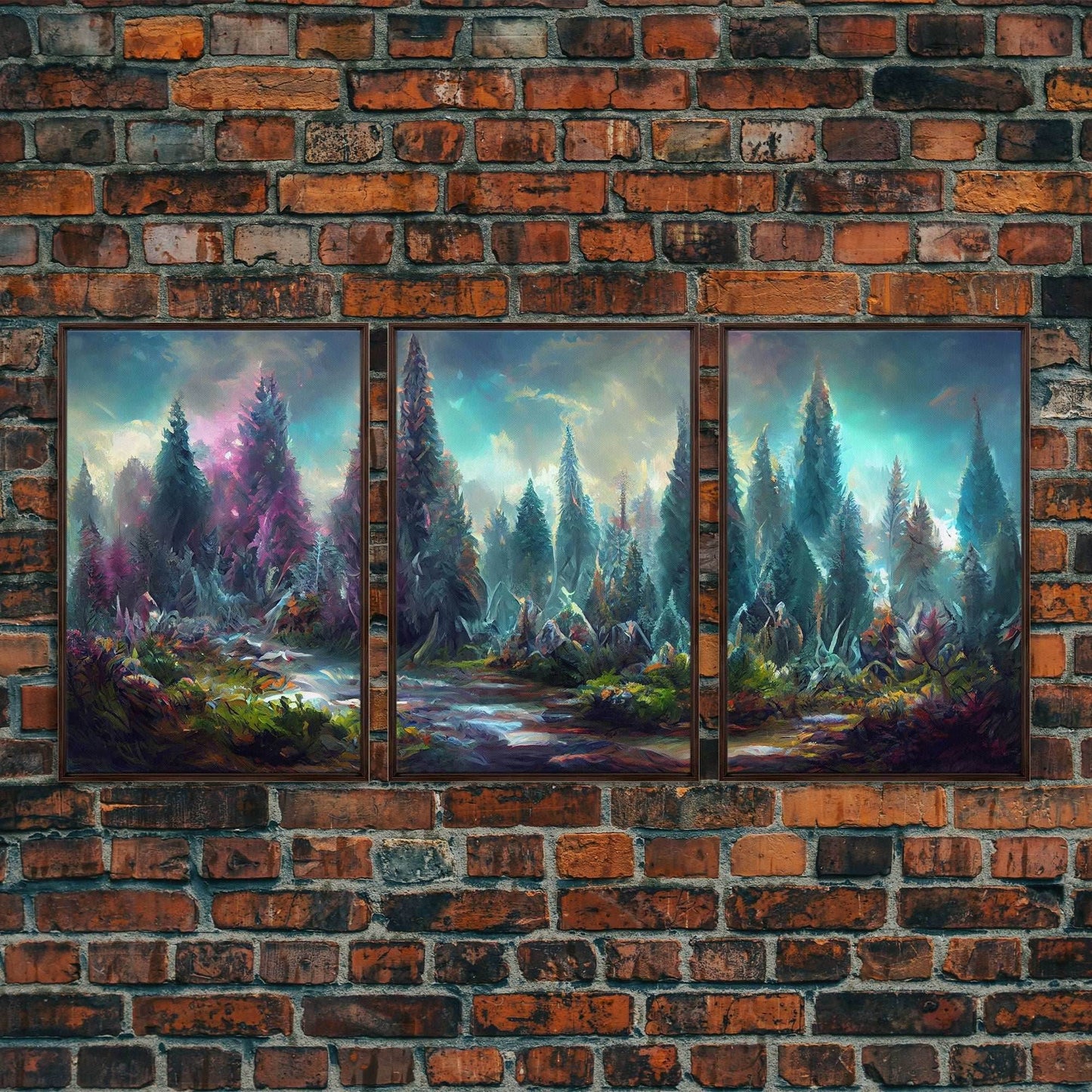 High Fantasy Forest Wall Art, Panoramic Art, Fantasy RPG Concept Art, 3 Piece Wall Art, Ready To Hang Canvas Print - 8x12 In. - 3 Pieces / Walnut Frame