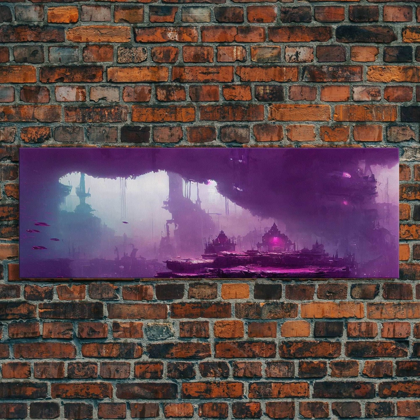 Panoramic Fantasy Underwater City, Purple Art, Extra Large Wall Art, Framed Panoramic Canvas Print, Framed Wall Decor - 10x30 Inches / Gallery Wrap Canvas - Ready To Hang