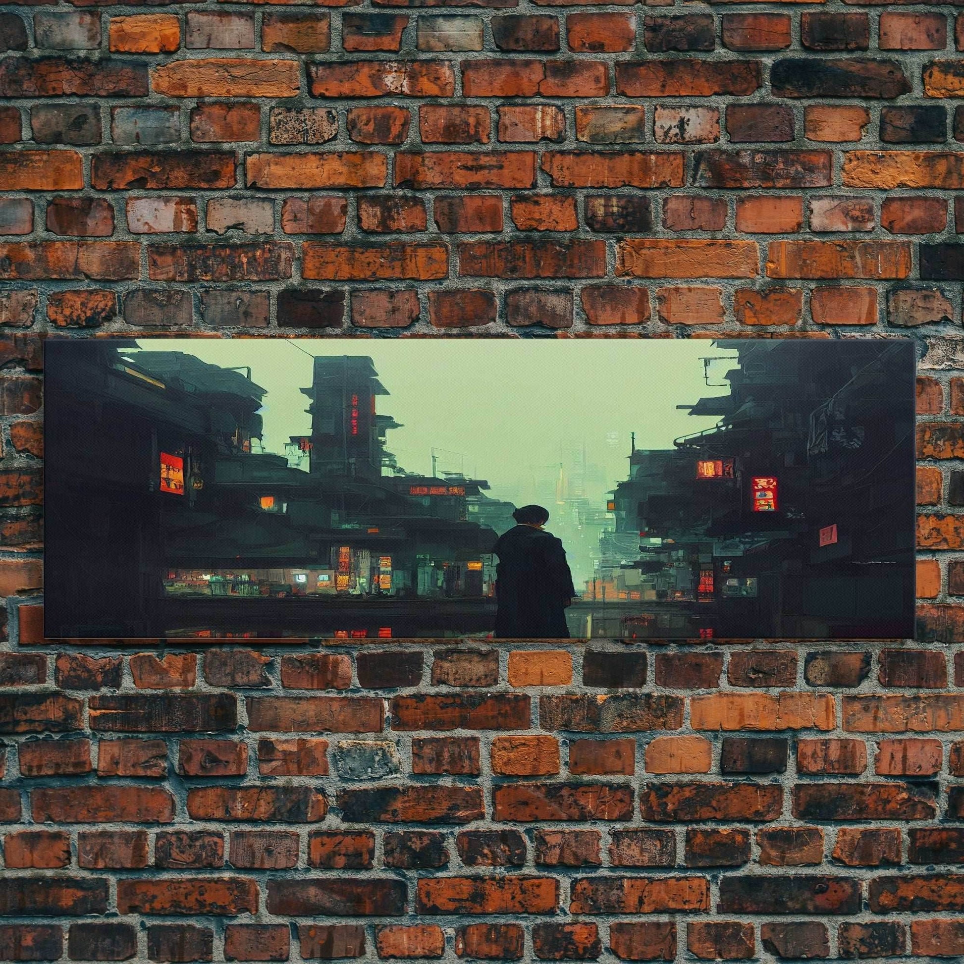 80s style Cyberpunk Japanese City, Retro Punk Tokyo, Framed Canvas Print, Framed Wall Art, Large Panoramic Wall Decor - 10x30 Inches / Gallery Wrap Canvas - Ready To Hang
