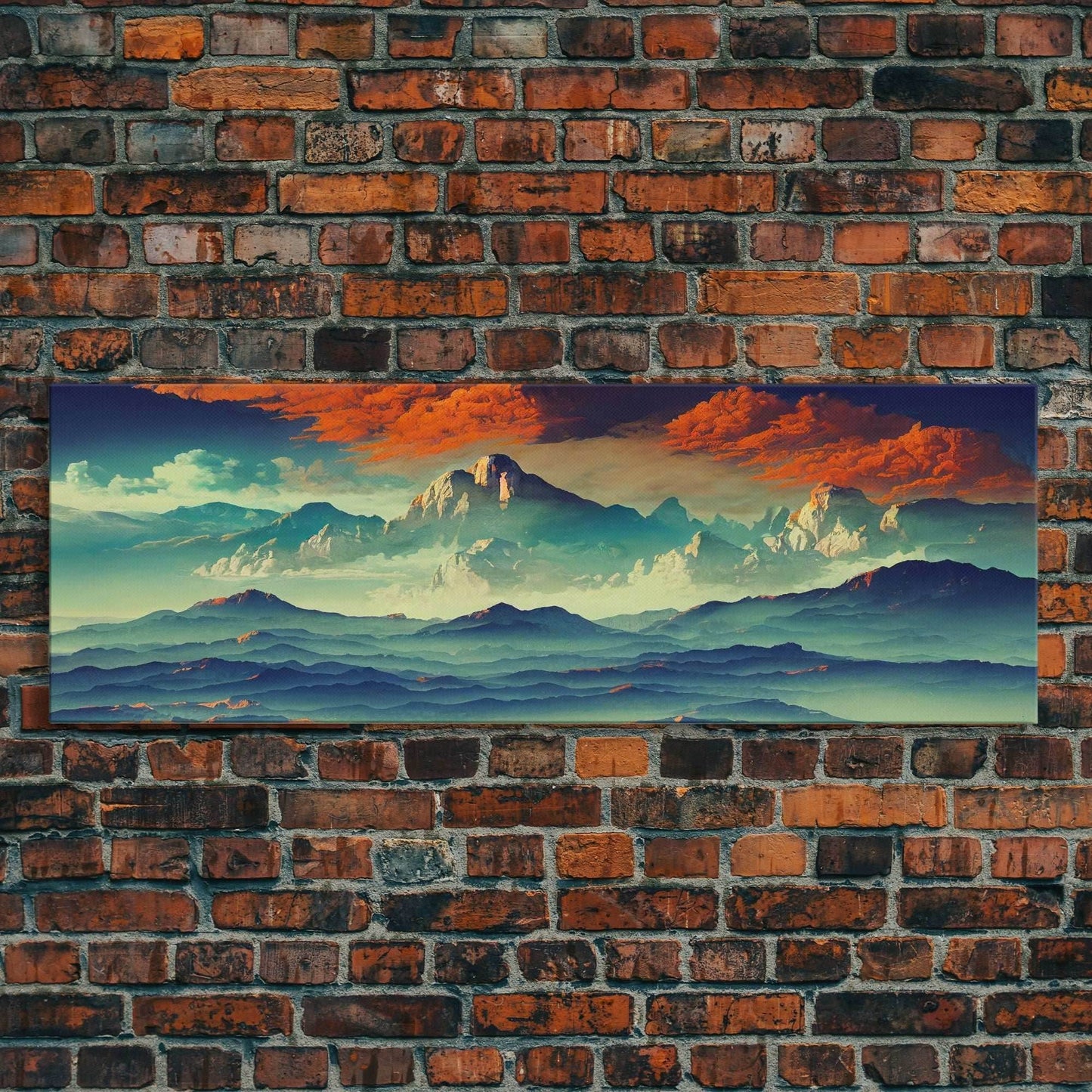 Beautiful Fantasy Mountain Landscape With Orange Clouds, Framed Canvas Print, Ready To Hang Panoramic Wall Decorr - 10x30 Inches / Gallery Wrap Canvas - Ready To Hang