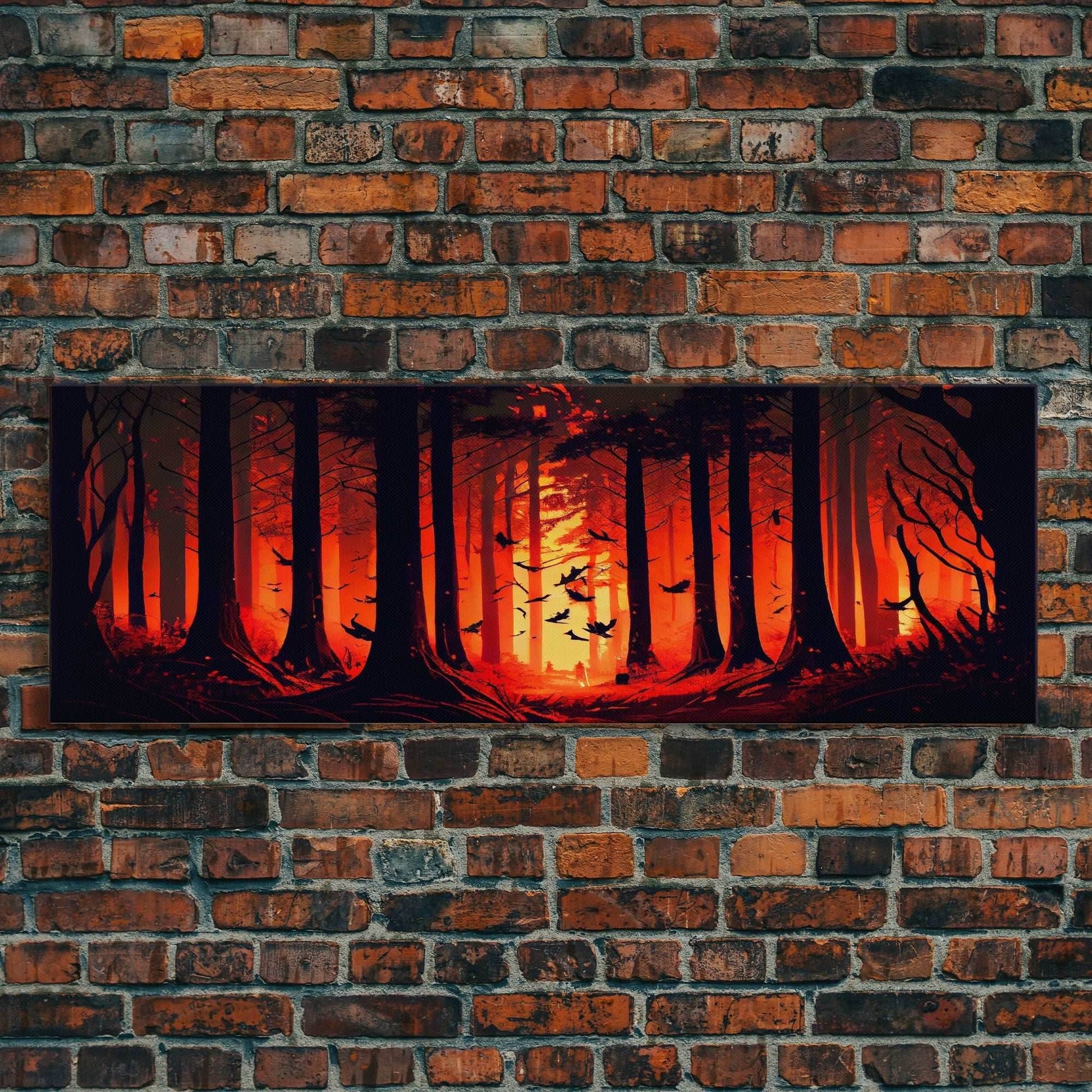 Forest Landscape Art, Forest Fire, Fall / Autumn Decor, Panoramic Wall Art, Framed Canvas Print, Orange and Yellow Fantasy Forest - 10x30 Inches / Gallery Wrap Canvas - Ready To Hang