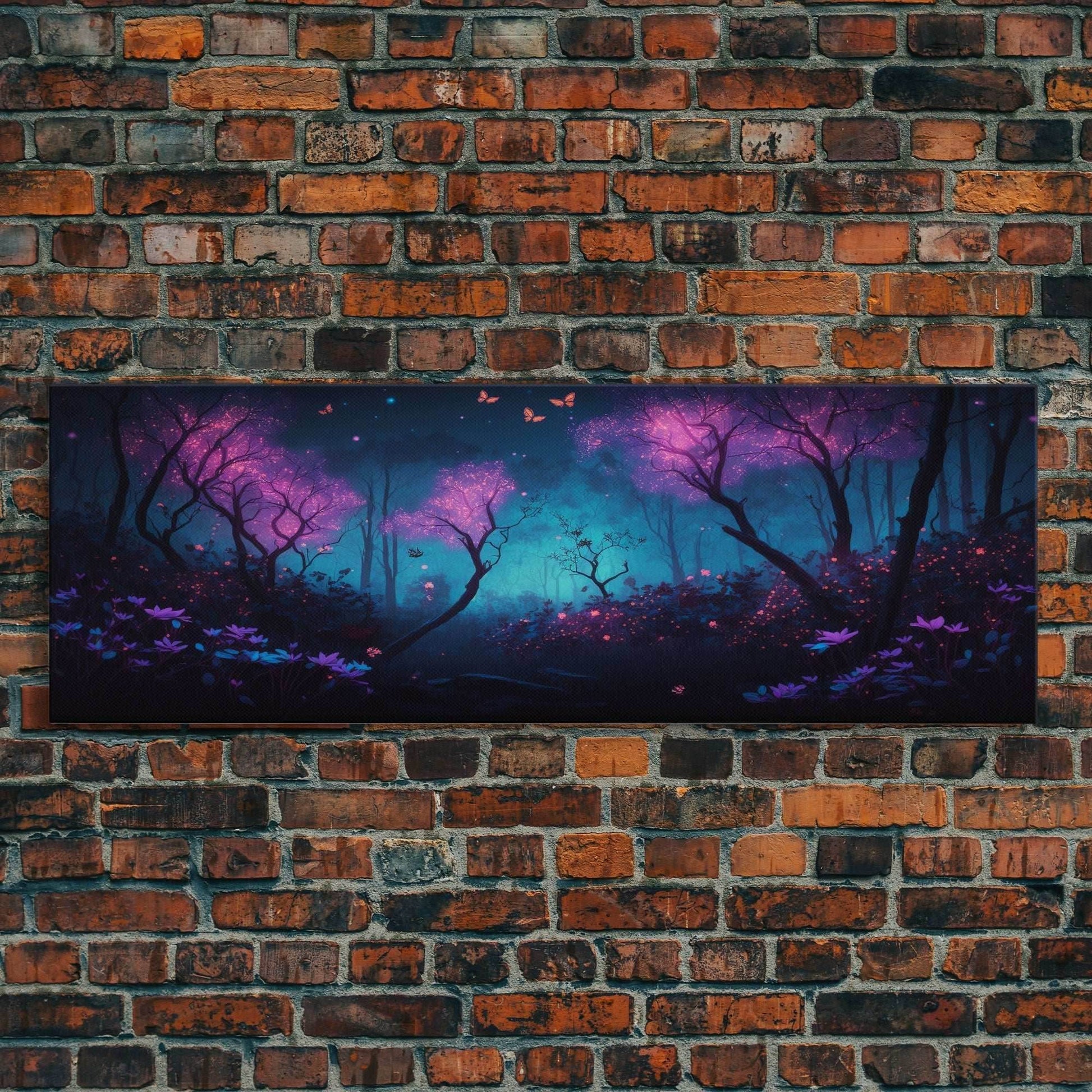 Beautiful Fantasy Forest, Framed Canvas Print, Fantasy Art, Butterflies and Fireflies Light up a Fairy Forest At Night, Framed Wall Art - 10x30 Inches / Gallery Wrap Canvas - Ready To Hang
