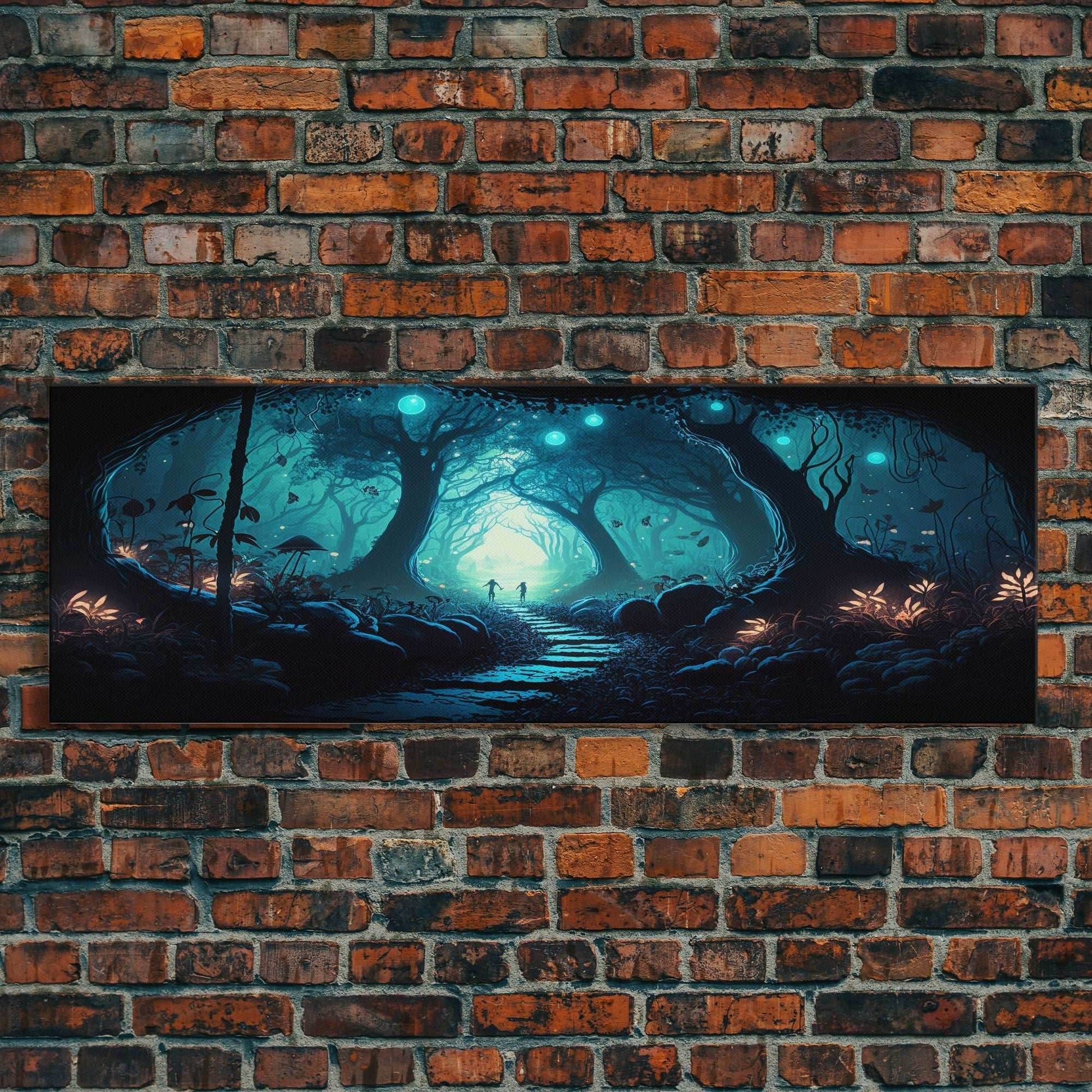 The mycelium Networrk, Fantasy Art, Framed Canvas Print, Bioluminescent Fantasy Forest At Night, Blue Glowing Ambience Art - 10x30 Inches / Gallery Wrap Canvas - Ready To Hang