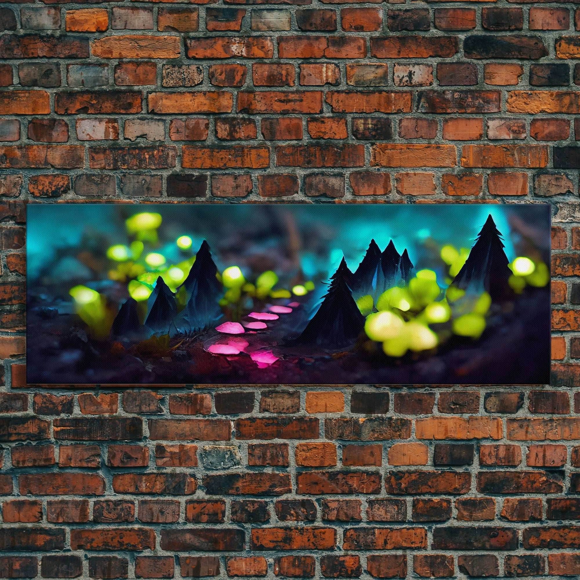 Luminescent trail in the forest, fantasy art, RPG concept art, tiny worlds, glowing mushrooms , Ready To Hang Canvas Print, Panoramic Art, - 10x30 Inches / Gallery Wrap Canvas - Ready To Hang