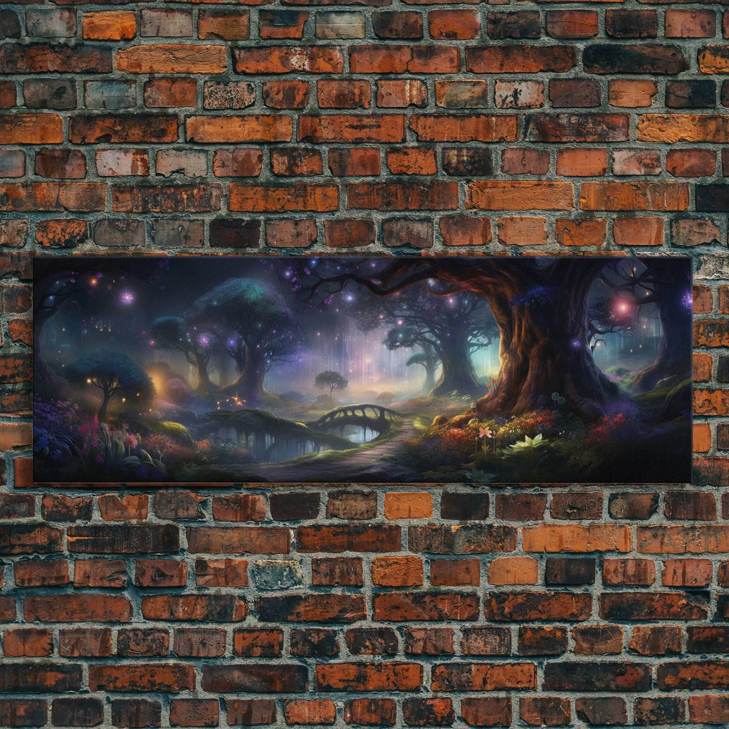 Spiritual Fantasy Forest Wall Art Print, Lanterns and Glowing Trees and Rivers, Fantasy Painting, Living Room Wall Art - 10x30 Inches / Gallery Wrap Canvas - Ready To Hang