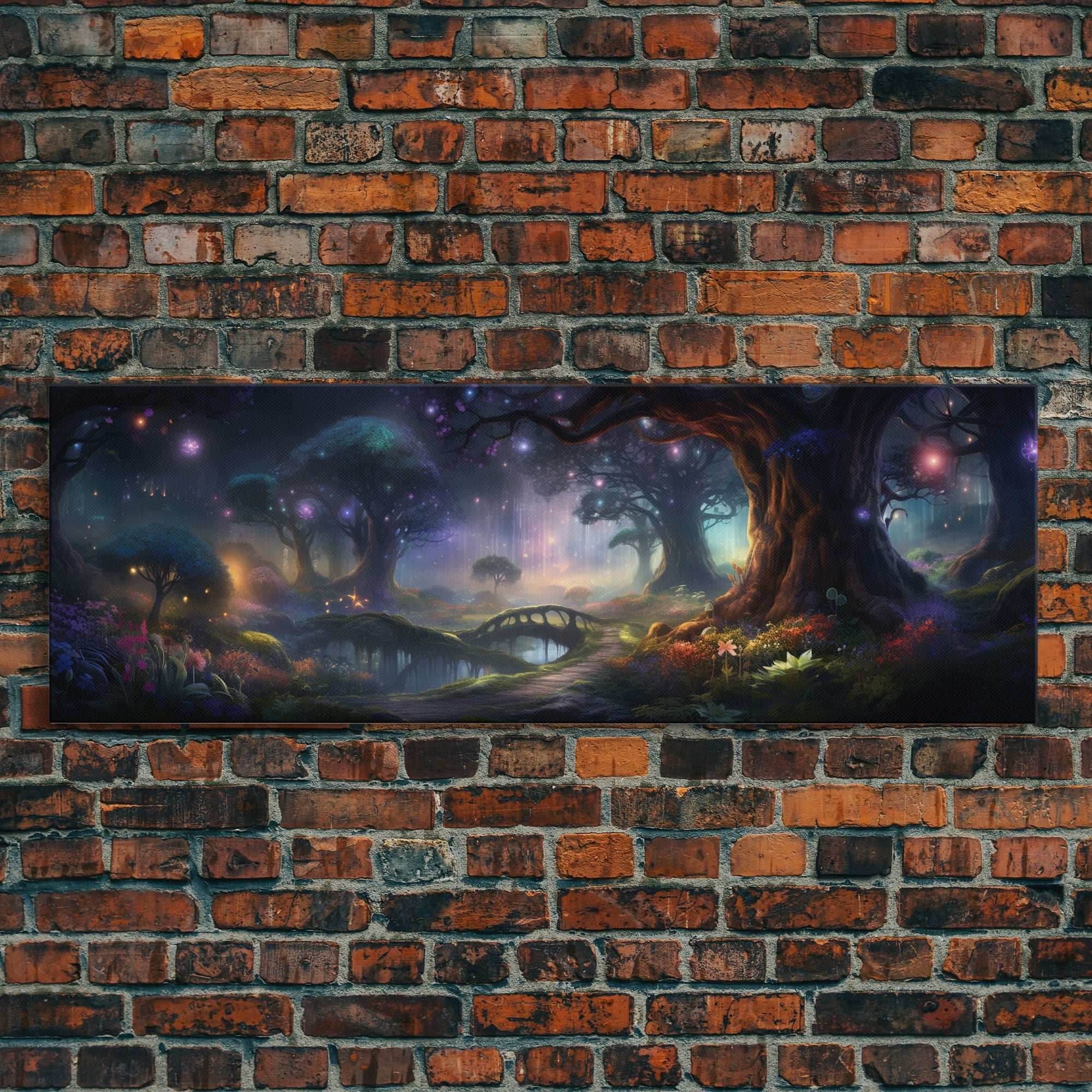 Spiritual Fantasy Forest Wall Art Print, Lanterns and Glowing Trees and Rivers, Fantasy Painting, Living Room Wall Art - 10x30 Inches / Gallery Wrap Canvas - Ready To Hang