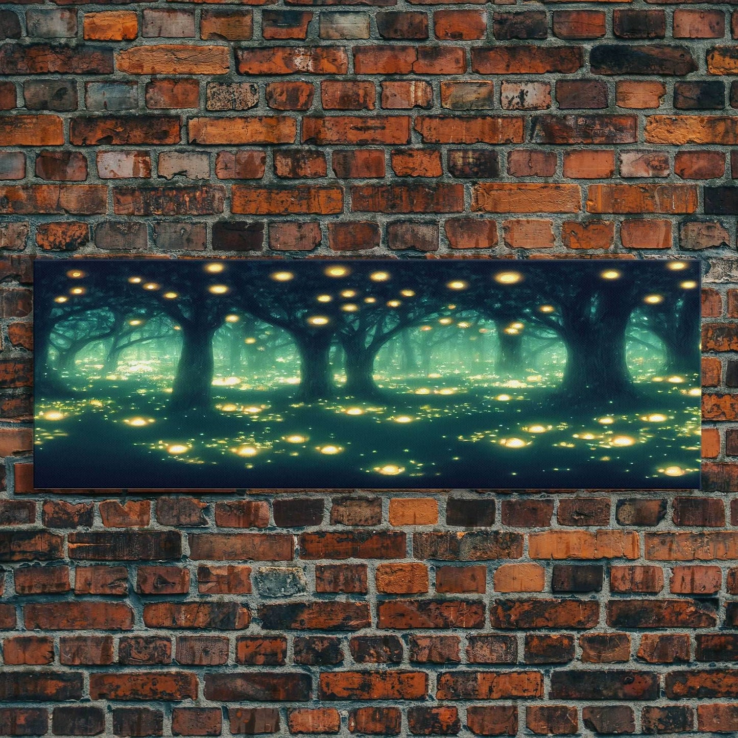 Fantasy Forest At Night With Fireflies, Extra Large Wall Art, Framed Panoramic Canvas Print, Framed Wall Art - 10x30 Inches / Gallery Wrap Canvas - Ready To Hang