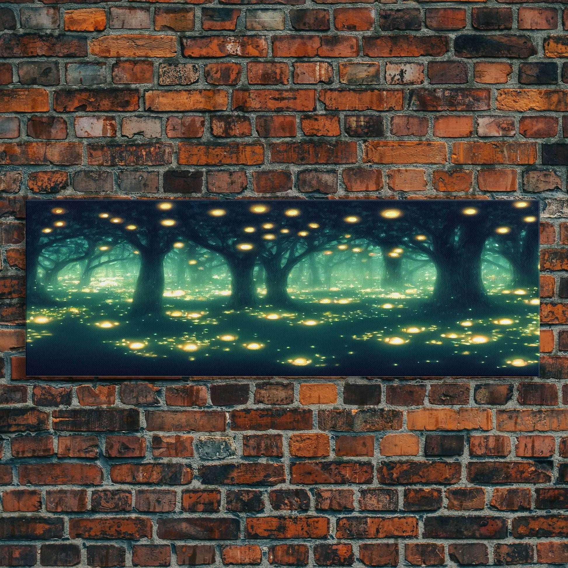 Fantasy Forest At Night With Fireflies, Extra Large Wall Art, Framed Panoramic Canvas Print, Framed Wall Art - 10x30 Inches / Gallery Wrap Canvas - Ready To Hang