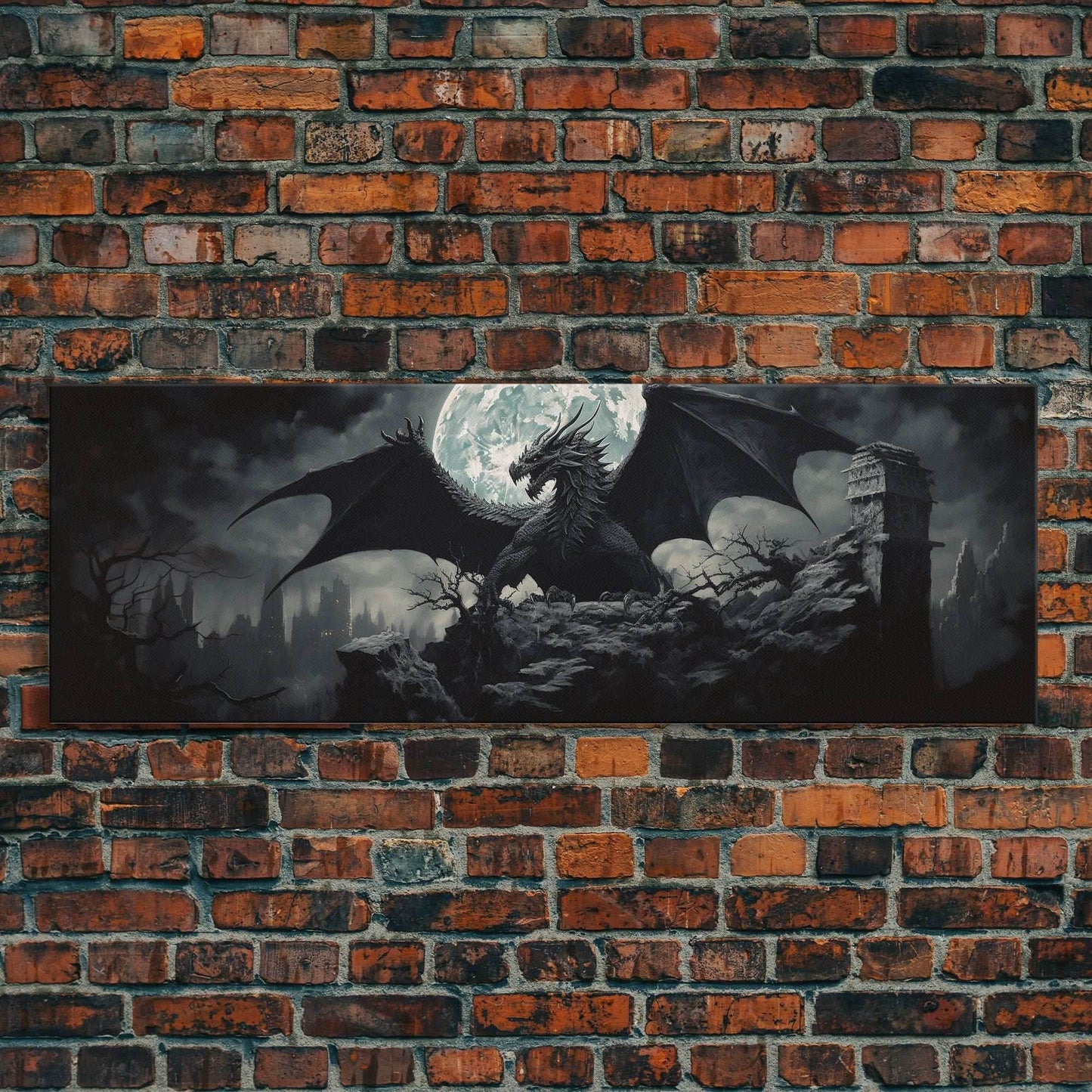 The Dragon, Framed Canvas Print, Panoramic Fantasy Painting, Fantasy Decor, Dragon Art, Dragon Painting, Dragon art print - 10x30 Inches / Gallery Wrap Canvas - Ready To Hang