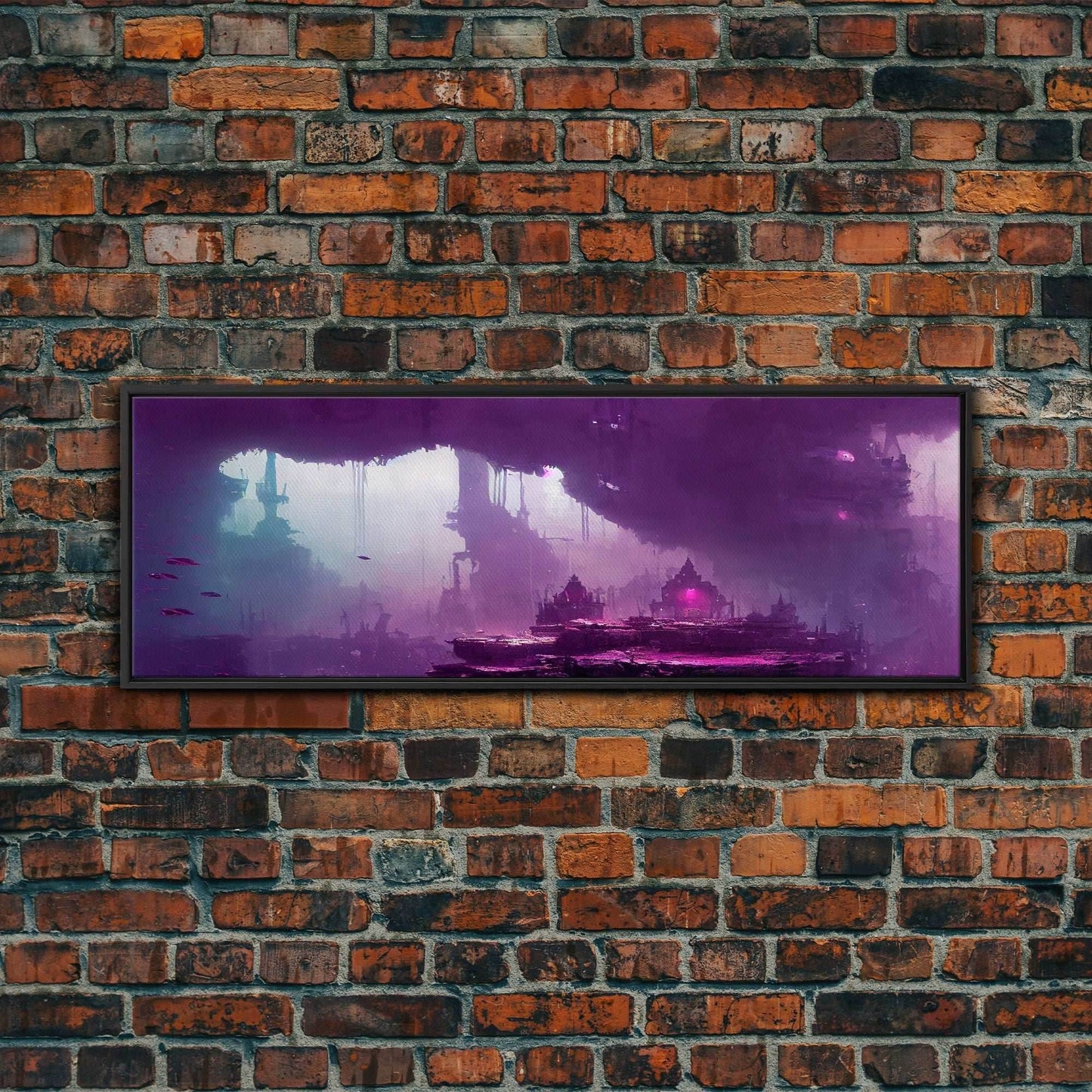Panoramic Fantasy Underwater City, Purple Art, Extra Large Wall Art, Framed Panoramic Canvas Print, Framed Wall Decor - 10x30 Inches / Black Frame