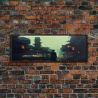 80s style Cyberpunk Japanese City, Retro Punk Tokyo, Framed Canvas Print, Framed Wall Art, Large Panoramic Wall Decor - 10x30 Inches / Black Frame