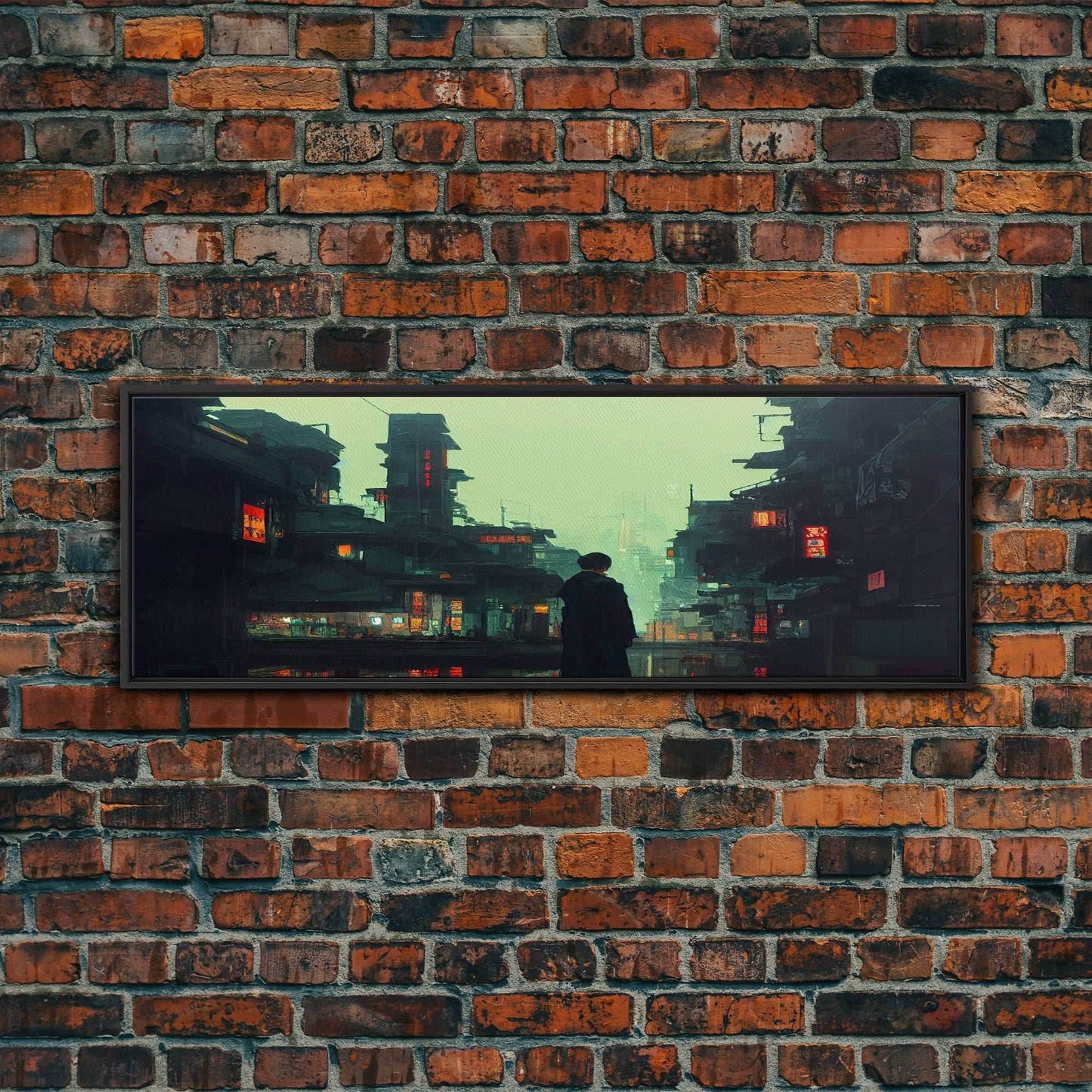 80s style Cyberpunk Japanese City, Retro Punk Tokyo, Framed Canvas Print, Framed Wall Art, Large Panoramic Wall Decor - 10x30 Inches / Black Frame