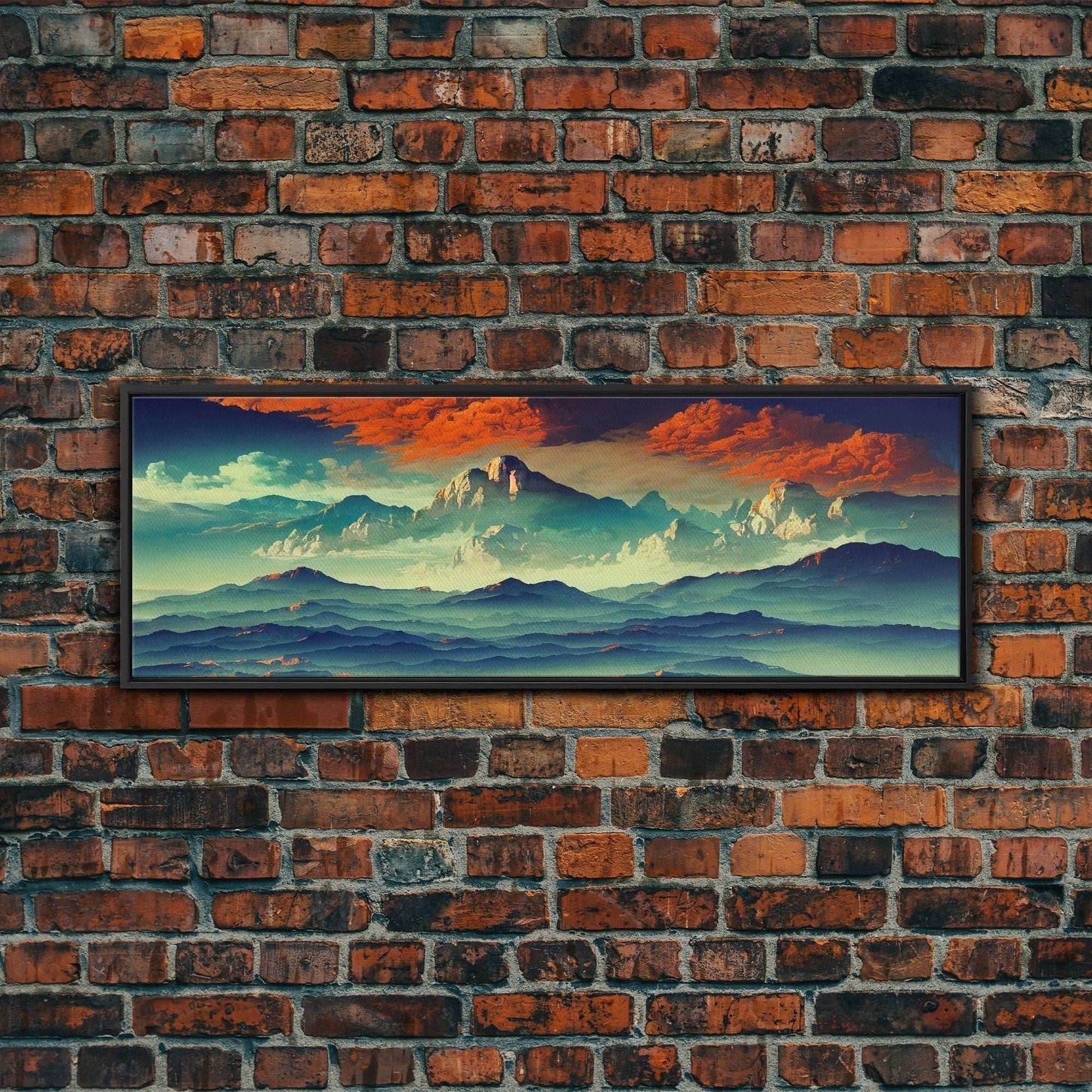 Beautiful Fantasy Mountain Landscape With Orange Clouds, Framed Canvas Print, Ready To Hang Panoramic Wall Decorr - 10x30 Inches / Black Frame