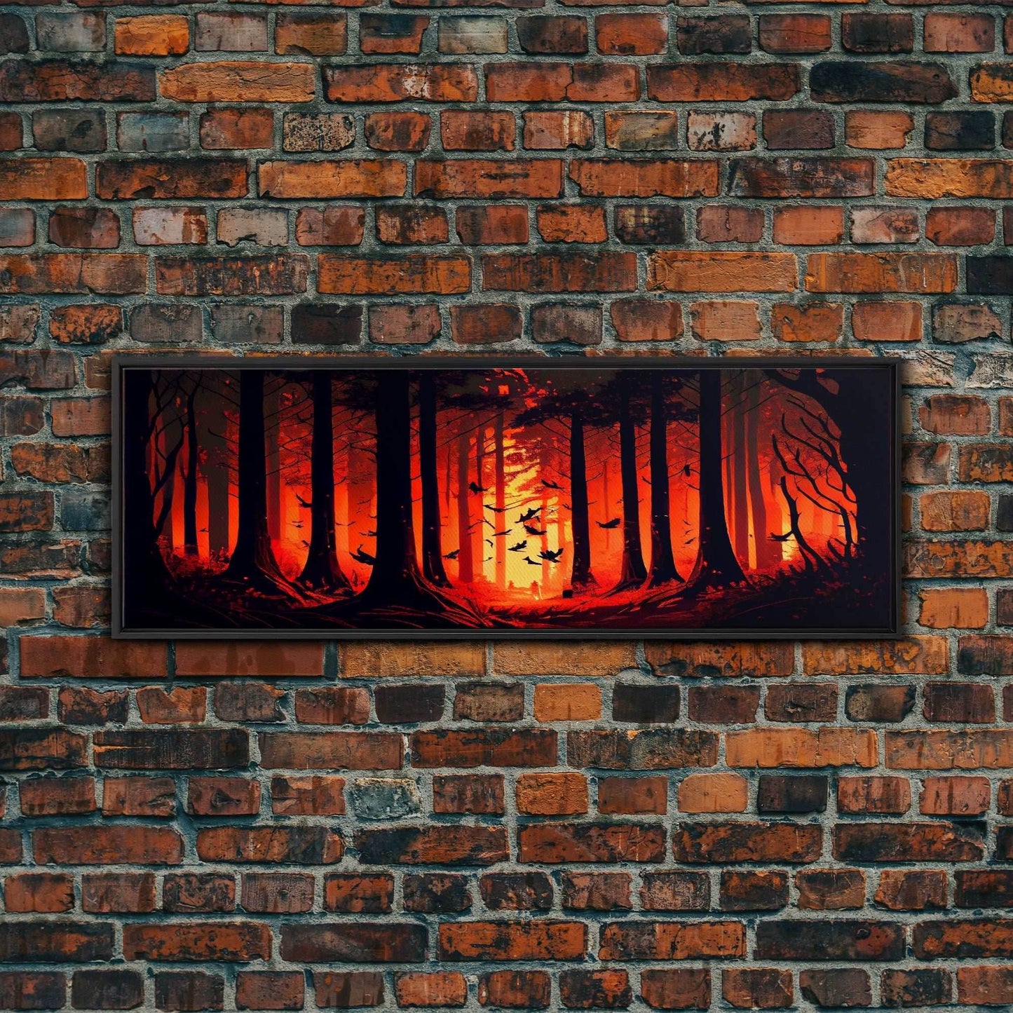 Forest Landscape Art, Forest Fire, Fall / Autumn Decor, Panoramic Wall Art, Framed Canvas Print, Orange and Yellow Fantasy Forest - 10x30 Inches / Black Frame