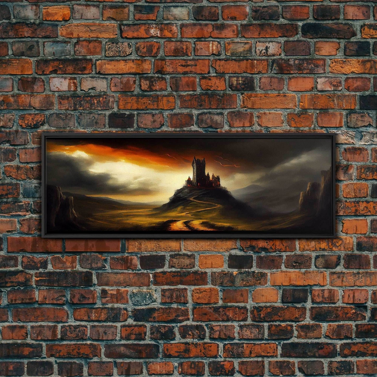 Panoramic Dark Fantasy Wall Art, Framed Canvas, Wood Frame Art, The Dark Castle Oil Painting Fantasy Decor, DND Art - 10x30 Inches / Black Frame