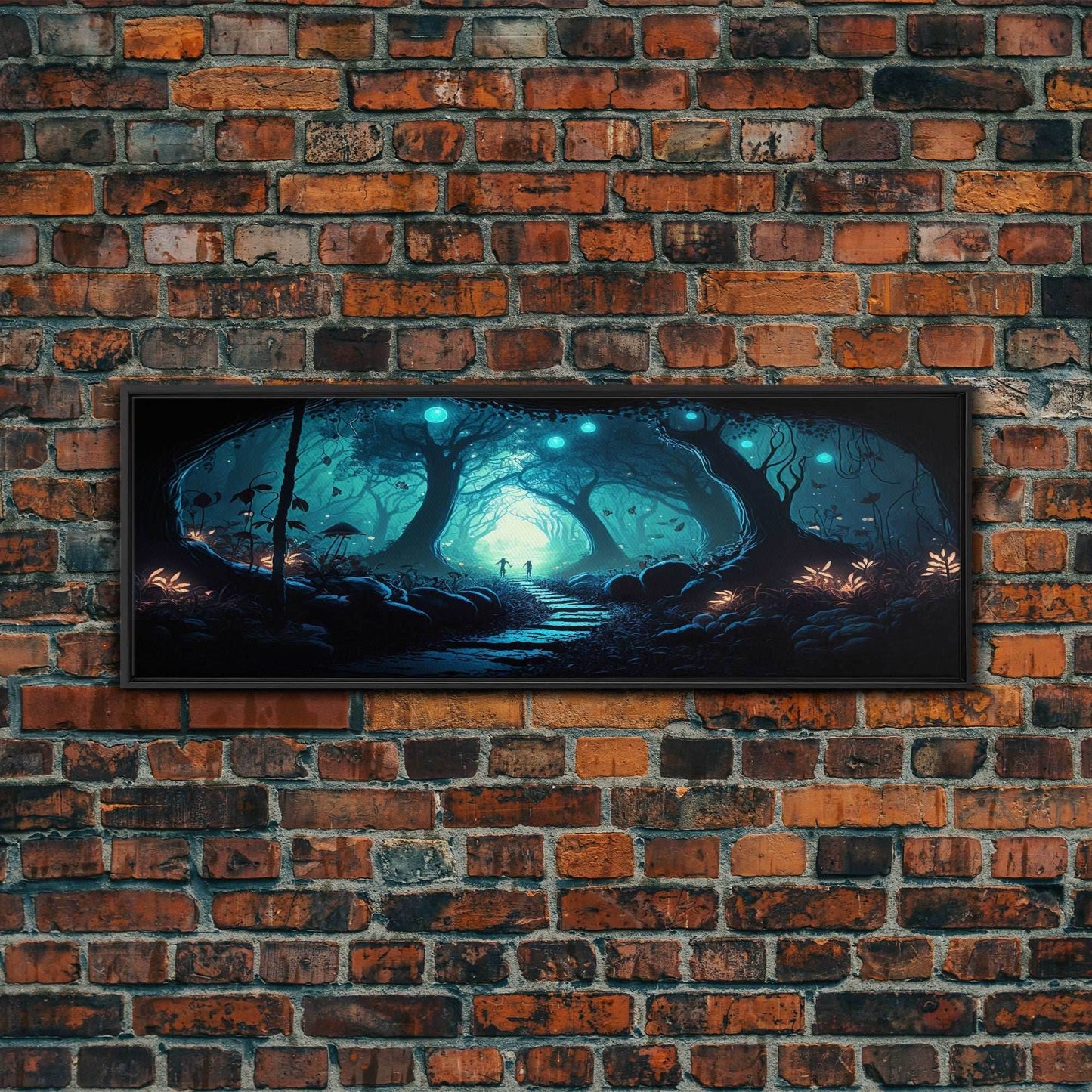 The mycelium Networrk, Fantasy Art, Framed Canvas Print, Bioluminescent Fantasy Forest At Night, Blue Glowing Ambience Art - 10x30 Inches / Black Frame