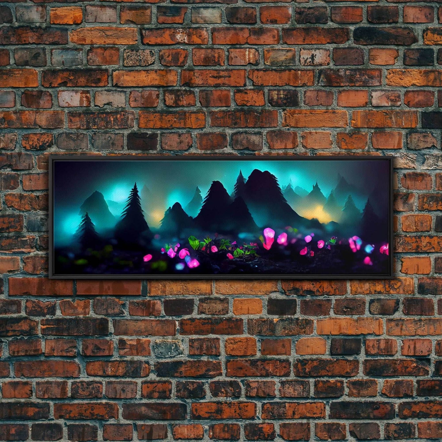 Luminescent trail in the forest, fantasy art, RPG concept art, canvas print, tiny worlds, glowing mushrooms out of focus, miniature worlds - 10x30 Inches / Black Frame