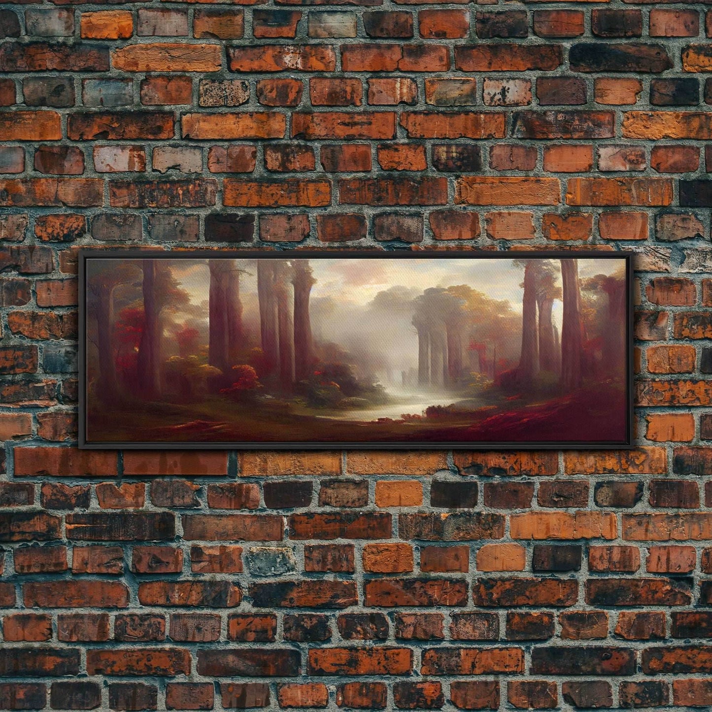 Hazy Forest Fantasy Art, Ready To Hang Canvas Print, Panoramic Art, Fog Covered Forest High Fantasy RPG Concept Art - 10x30 Inches / Black Frame