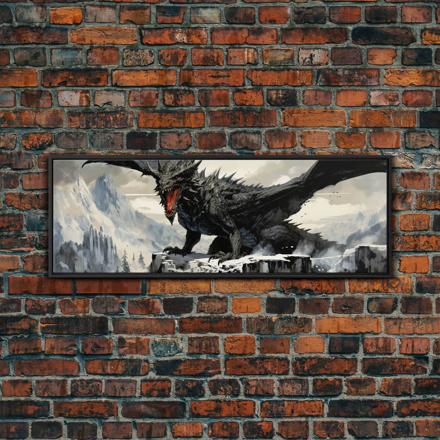 Dragon Painting, Framed Canvas Print, Dragon Art, Fantasy Art, Fantasy Painting, Watercolor Dragon Painting, Art Print - 10x30 Inches / Black Frame