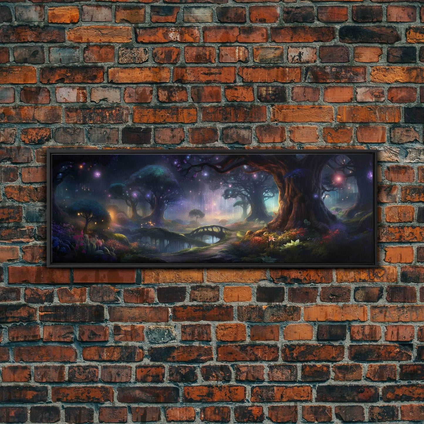 Spiritual Fantasy Forest Wall Art Print, Lanterns and Glowing Trees and Rivers, Fantasy Painting, Living Room Wall Art - 10x30 Inches / Black Frame