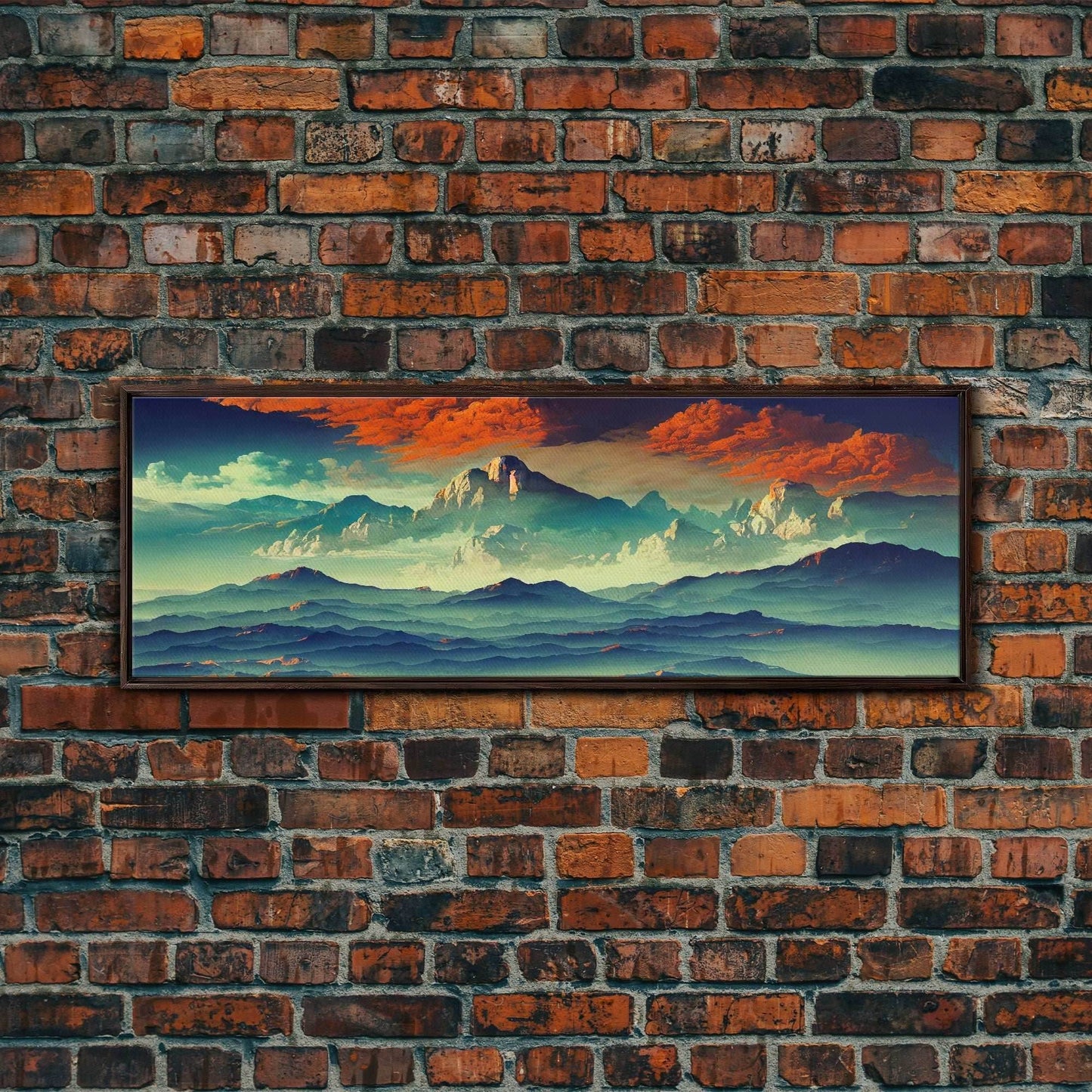 Beautiful Fantasy Mountain Landscape With Orange Clouds, Framed Canvas Print, Ready To Hang Panoramic Wall Decorr - 10x30 Inches / Walnut Frame