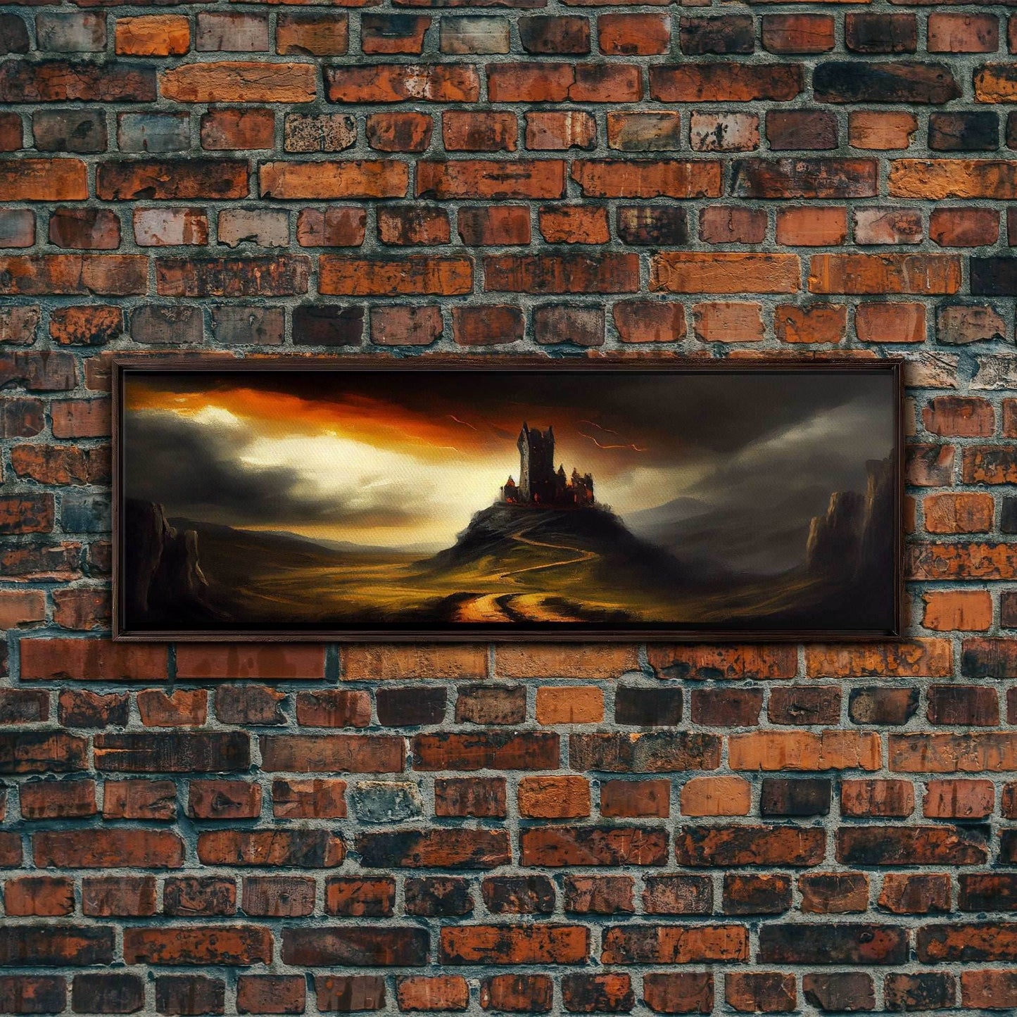 Panoramic Dark Fantasy Wall Art, Framed Canvas, Wood Frame Art, The Dark Castle Oil Painting Fantasy Decor, DND Art - 10x30 Inches / Walnut Frame