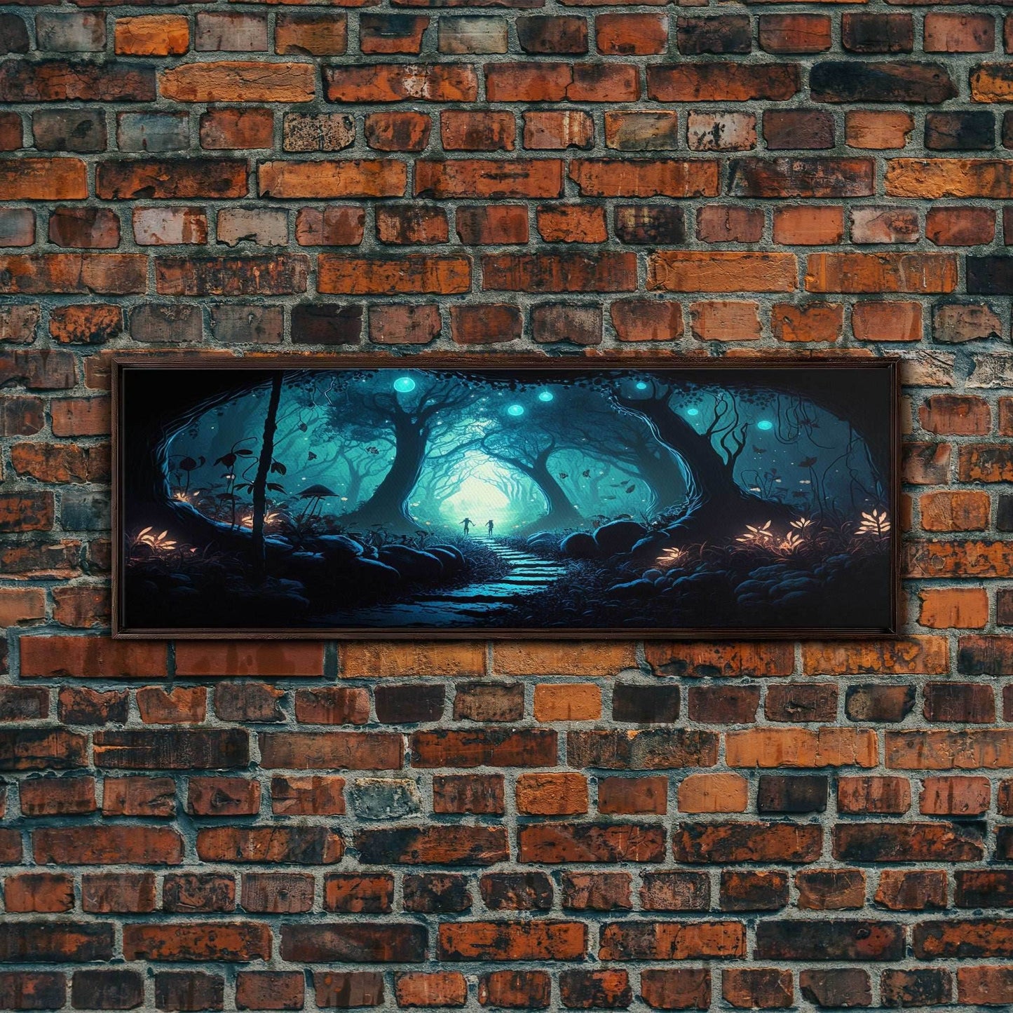 The mycelium Networrk, Fantasy Art, Framed Canvas Print, Bioluminescent Fantasy Forest At Night, Blue Glowing Ambience Art - 10x30 Inches / Walnut Frame