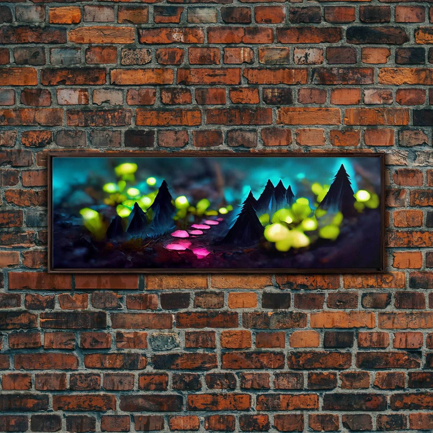 Luminescent trail in the forest, fantasy art, RPG concept art, tiny worlds, glowing mushrooms , Ready To Hang Canvas Print, Panoramic Art, - 10x30 Inches / Walnut Frame