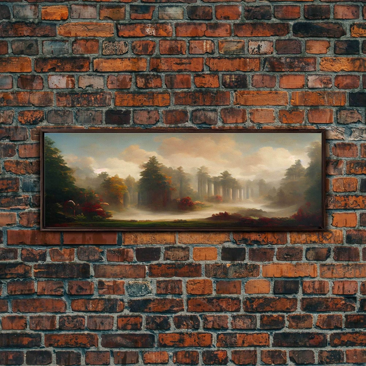 Hazy Forest Fantasy Art, Ready To Hang Canvas Print, Panoramic Art, Fog Covered Forest High Fantasy RPG Concept Art - 10x30 Inches / Walnut Frame