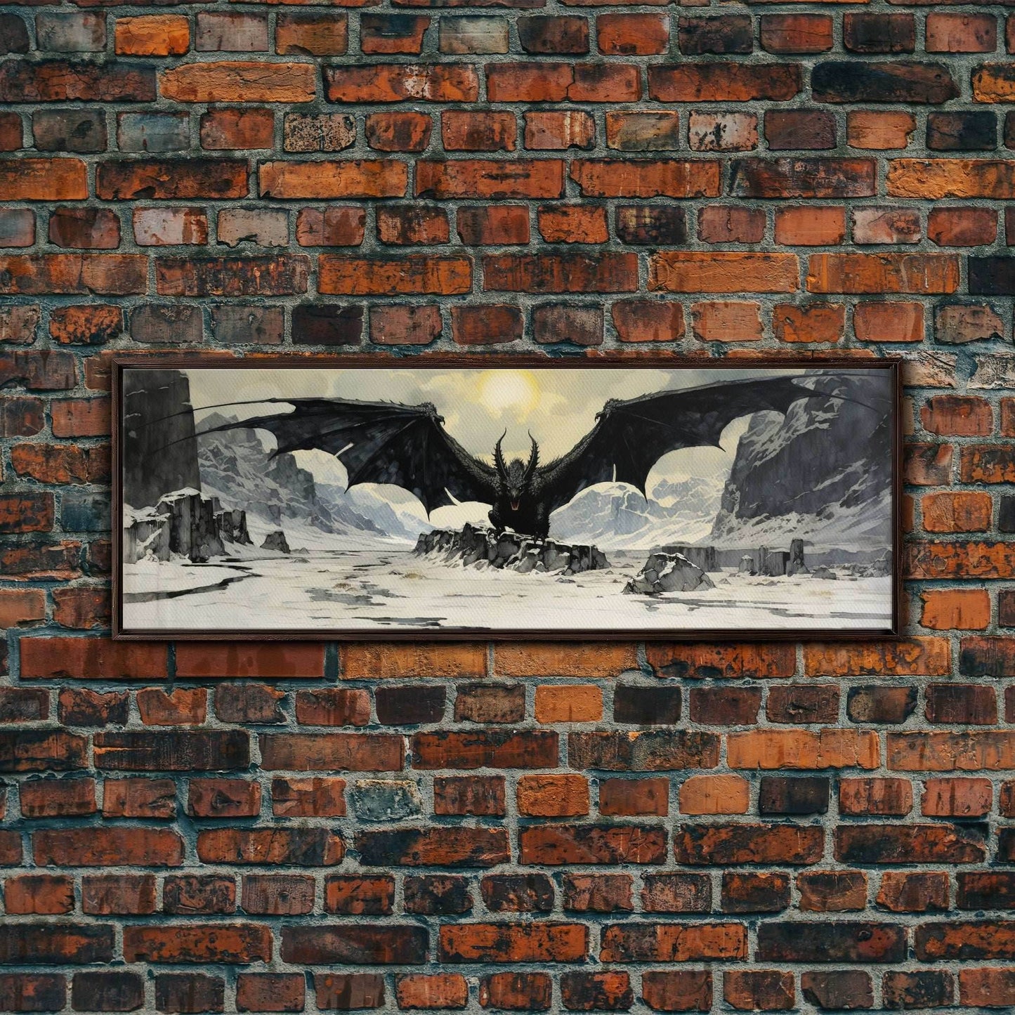 Panoramic Of a Dragon, Framed Canvas Print, Fantasy Decor, Fantasy Dragon Painting - 10x30 Inches / Walnut Frame