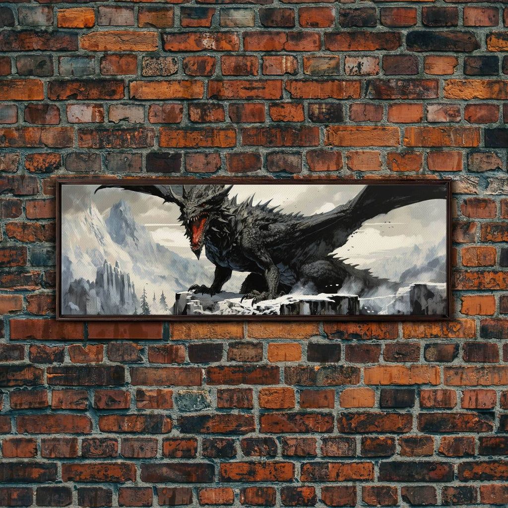 Dragon Painting, Framed Canvas Print, Dragon Art, Fantasy Art, Fantasy Painting, Watercolor Dragon Painting, Art Print - 10x30 Inches / Walnut Frame