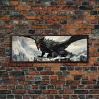 Dragon Painting, Framed Canvas Print, Dragon Art, Fantasy Art, Fantasy Painting, Watercolor Dragon Painting, Art Print - 10x30 Inches / Walnut Frame