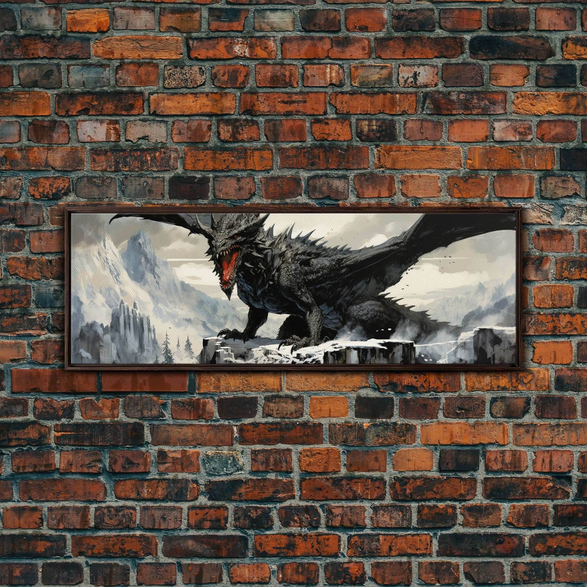 Dragon Painting, Framed Canvas Print, Dragon Art, Fantasy Art, Fantasy Painting, Watercolor Dragon Painting, Art Print - 10x30 Inches / Walnut Frame