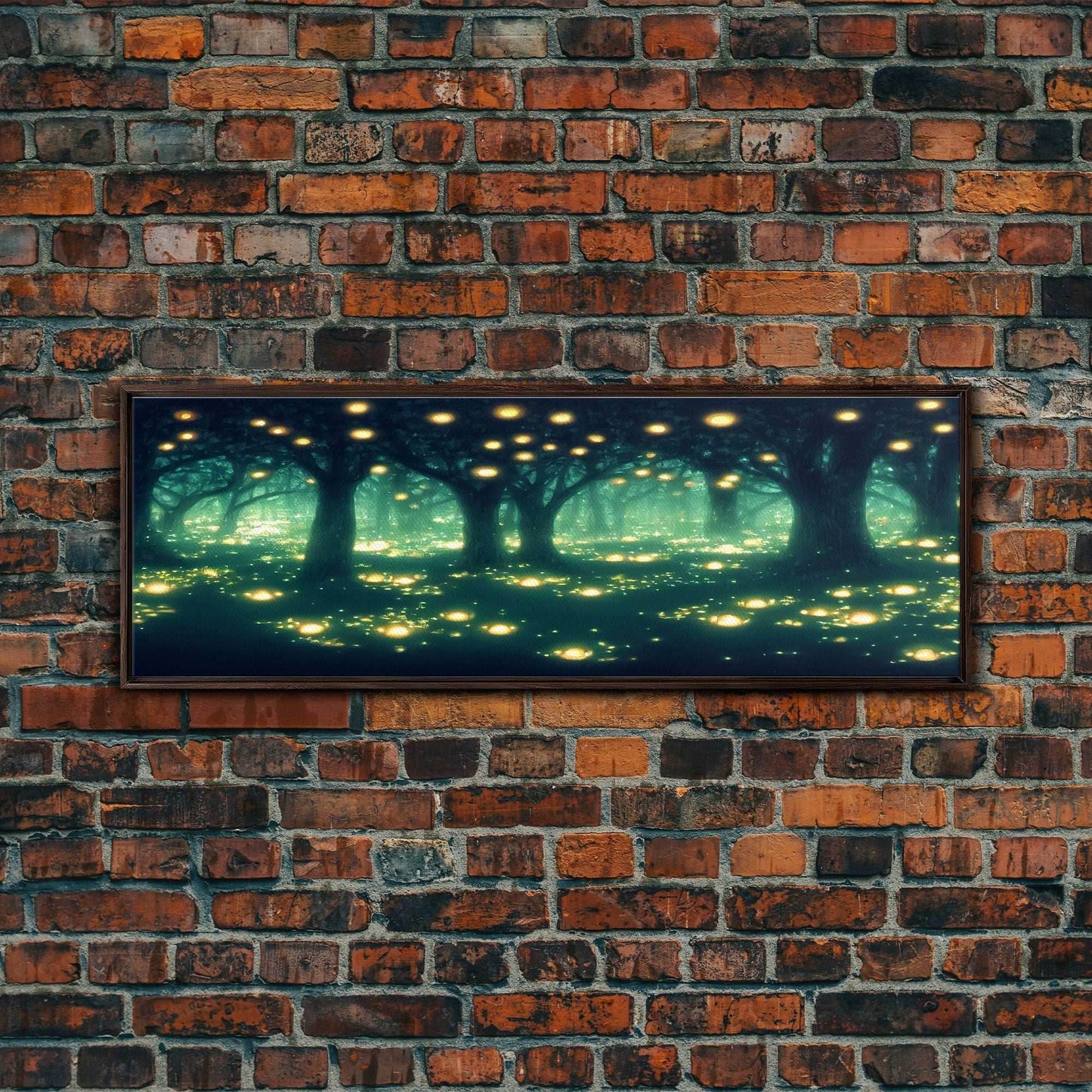 Fantasy Forest At Night With Fireflies, Extra Large Wall Art, Framed Panoramic Canvas Print, Framed Wall Art - 10x30 Inches / Walnut Frame